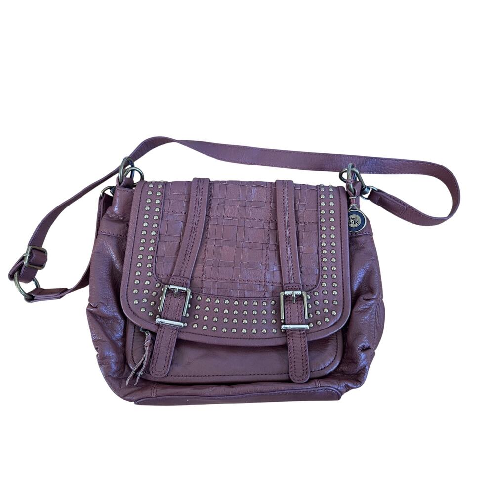 The Sak Brown Leather Crossbody Bag Studded Woven Boho Y2K Shoulder Purse